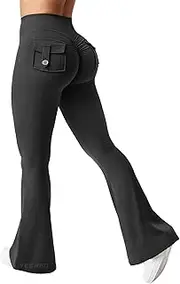 [YEOREO] CoreFlex Flare Leggings with Pockets for Women 31.5" Scrunch Workout Leggings Butt Lifting Gym Yoga Pants Black