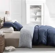 Duvet Cover Queen Size, 600 Thread Count Cotton Navy & Grey Printed with Luxu...