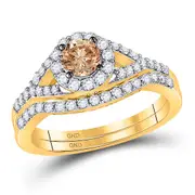14k Yellow Gold Round Brown Diamond Bridal Wedding Ring Set 1 Cttw