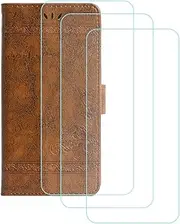 LCEHTOGYE Cover for Motorola Moto G Stylus 2023 + 3 Slice HD Tempered Glass,Shell PU BracketBumper Protective Back Case - Anti-Scratch Screen Protector for Motorola Moto G Stylus 2023-YSLC - Brown