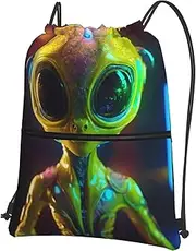 EdWal Alien Planet Print Drawstring Backpack Gym Bags Sports Bags With Zipper Pocket For Travel Swimming Beach, Black, One Size