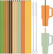 Tomorotec 15-Pack 12.2" Reusable Silicone Drinking Straws for Stanley Tumblers 20oz, 30oz, 40oz with 2 Cleaning Brushes, BPA-Free Food-Grade Flexible Straws for Fall Autumn Thanksgiving Use (Garden)