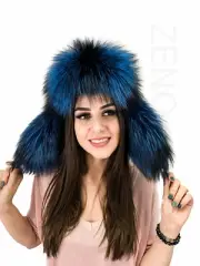 Silver Fox Fur Hat With Blue Leather Saga Furs Trapper Aviator Blue Fur Hat