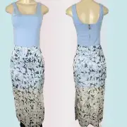 Vince Camuto XS Blue Geometric Scoop Neck Lined Zip Back Sheer Hem Maxi Dress