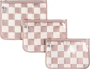 [Tiny Twinkle] Mess-proof Travel Bags, Airline Compliant, Zipper Closure, Clear Front Pouch, Diaper Bag Packing, Toiletry or Cosmetics Organizer 3 Pack Set (Beige Checkers), Beige Checkers, 3 Pack