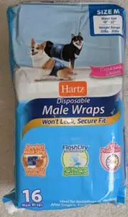Hartz Disposable Male Dog Wraps 16 Count Size MEDIUM 20-26 Lbs, Waist 19"-22"