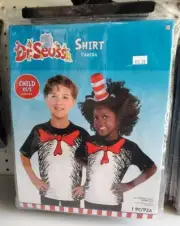 Dr Seuss Cat In The Hat T-Shirt Costume BlackWhite Red Felt Bow CHILD XS/S