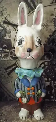 Folk Art Pottery Rabbit Container One of a Kind, White Bunny Character Sculpture