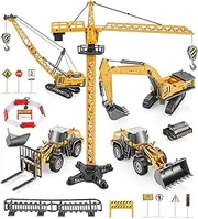 Geyiie Construction Truck Vehicles Toy Kids, Engineering Playset Toys Alloy Metal Die cast Trucks, Digger, Excavator Crane Forklift Plow Steamroller Outdoor Indoor Sand Toys for Age 3, 4, 5 Boys