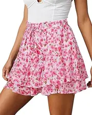 [BUNSLOOM] Women's Short Boho Lightweight Summer Skirt Wide Shorts Double Layer Ruffle Chiffon Skirt Holiday Flowers Mini Skirt Shorts, red, XL