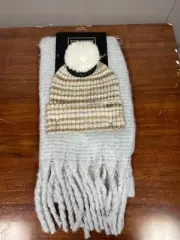 Steve Madden Cream Striped Beanie with Pom and Gray Scarf w/ Fringe Set One Size