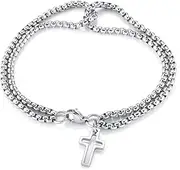 [BOPREINA] Double Strand Rolo Chain Bracelet with Cross Charm Stainless Steel Cross Dangle Pendant Cable Chain Link Bracelet for Men Women
