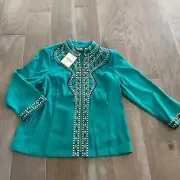 Bob Mackie Wearable Art Jacket Women's Large Green Embroidered Mandarin Collar