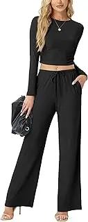 [QIXING] Women's Tracksuit Long Sleeve Crew Neck Two Piece Outfit Jogger Tracksuit Set