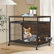 Dog Crate Furniture with Wheels, 31" Heavy Duty Wooden Side End Table, Indoor Dog Kennel Furniture for Small/Medium Dog, Double Doors & 360 Degree Rotating Stainless Bowl 31" Lx21.6 Wx27.5 H