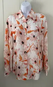 NWT Theory 100% Silk Lily Floral Print Button Front Long Sleeve Top Sz Small