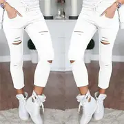 Sexy Women's High Waisted Denim Stretch Jeans Destroy Skinny Ripped Distressed Pants Trousers white 5XL