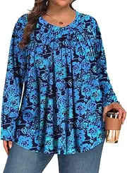 [Tencede] Womens Plus Size Tops Long Sleeve Shirts V Neck Tunic Blouses 1X-5X