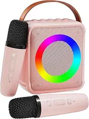 VERKB Mini Karaoke Machine for Kids Adults, Portable Bluetooth Speaker with 2 Wireless Microphones, Microphone Speaker Set with LED Disco Lights for Home Party, Birthday Gifts for Girls Boys Kid(Pink)
