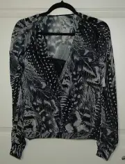 NWT AllSaints Fara Stretto Top Black White Chiffon Feather Print Wrap Front Sz 2