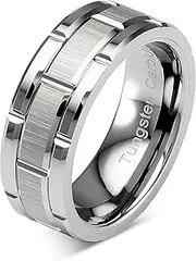 [100S JEWELRY] Tungsten Rings for Men Wedding Band Silver Brick Pattern Brushed Engagement Promise Size 8-16