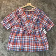 Terra & Sky Blue Red Plaid Ruffle Bib Front Flutter Sleeve Top Blouse 0X 14 14W