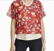 DKNY Layered Open Back Red Floral Print Top