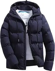 [Generic] Mens Puffer Jacket Lightweight Thicken Solid Zip Up sulated Thermal Puffy Winter Hooded Jacket for Running Travel, Navy, XX-Large