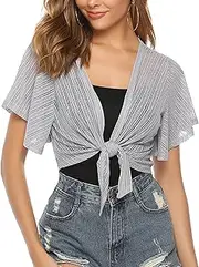 [iClosam] Women Tie Front Chiffon Shrug Short Sleeve Cropped Sheer Bolero Shrug Cardigan