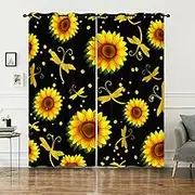 AILONEN Yellow Sunflower Window Curtain,Dragonfly Decor Window Treatments Drapes for Kids Girls,Sunflower Plant Print Drapes Curtains for Bedroom Living Room, 52" W x 63" H (2 Panels)