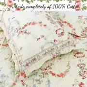 NEW! ~ COZY SHABBY CHIC COTTAGE IVORY YELLOW BLUE PINK GREEN LEAF ROSE QUILT SET