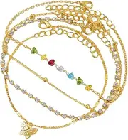 SAFIGLE 4pcs Butterfly Layered Anklet Ankles Bracelets Women Beaded Anklet Surfer Decorative Beaded Anklets Beach Anklet Sandals Summer Anklets Accessories Alloy Rhinestone Golden