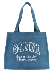 [Ganni] Ganni-Logo Embroidery Denim Shopping Bag Tote Celeste-Donna OS Light Blue