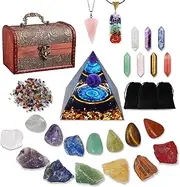 29PCS Healing Crystal Set, Crystal Healing Stones Kit with 7Raw Chakra and 7Tumbled Stones, 7Bullet Shaped Chakra Stones, 2Crystal Necklace, Crystal Pyramid, Crystal Sets for Meditation, Yoga, Gift