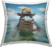 Hippo Wearing Hat Design by Lazar Studio Indoor Printed Throw Pillow, 18 x 7 x 18, Blue