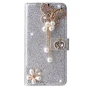 Rhinestone Butterfly Wallet iPhone Case with Pearl Bling Flip Cover for iPhone 16e 16 15 Pro Max Plus 14 13 12 11 Pro Max X XR XS 8 7 Plus – Magnetic Stand Sho