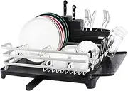 Dish Drying Rack –Aluminum kitchen dish rack with Drain Board, 360° Rotating Dish Drainer with Drainage, Utensil Holder, Cup Holder, Drying Rack for Kitchen Counter - [Upgraded] (Black & Silver)
