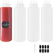 Belinlen 4 Pack 32oz/1000ml Plastic Squeeze Bottles 3-Hole Squirt Condiment Bottles Tomato Sauce Dispensers for Ketchup BBQ Dressing Paint Workshop Pancake Art Craft with 8 Chalk Labels and 1 Pen
