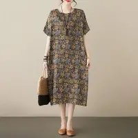 在飛比找Yahoo!奇摩拍賣優惠-大碼寬松休閑洋裝 棉麻短袖長洋裝 連衣裙 連身裙  夏季新款