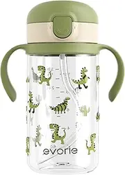Evorie Tritan Spill Proof Toddler Straw Sippy Cup, 10 oz for Baby and Toddlers 1-3 Years Old, No Spill Straw Water Bottle with Removable Handles, Ideal for School, BPA-Free, Green Dino (New)