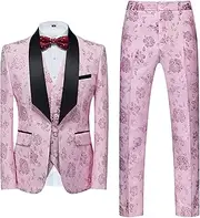 [JEShifangjiusu] Men's 3 Pieces 1 Button Flora Tuxedo Blazer Elegant Slim Fit Single Breasted for Prom Wedding Party Stylish Suit Dress Set Vest Pants, Rose, XL