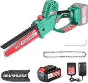 Hychika Mini Chainsaw with Battery 4000 mAh, 8 Inch Brushless Battery Chainsaw with Charger and 2 Chainsaw Chains, for Wood and Gardening