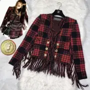 Authentic New with tag Luxury Balmain Lion Gold Button Fringe Plaid Knit Jacket