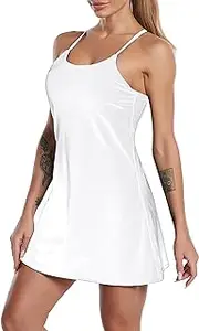 [KINCAN] Women's Sleeveless Exercise Tennis Dress with Built-in Bra & Shorts Golf Workout Athletic Dresses Pockets White, White, Large