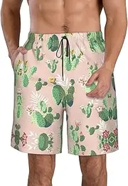 [OAROK] Cactus Pattern Men's Casual Beach Shorts Quick Drying Shorts Men's Stretch Swim Trunks Daily Wear Style, White, Small