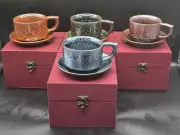 Lot Of 4 TENMOKUS Coffee / Tea Cup and Saucer Sets Porcelain With Boxes