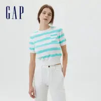 在飛比找momo購物網優惠-【GAP】女裝 條紋彈力圓領針織短版短袖T恤-綠色條紋(61