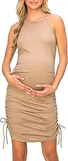 [My Bump] Women's Knit Ribbed Sleeveless Maternity Dress with Side Ruched and Strings(Made in USA)