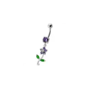 Fancy Flower With Green Jeweled Leafs Dangling Navel Banana Bar Ring