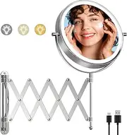 Famihomii Rechargeable Lighted Makeup Mirror Wall Mounted, 8 Inch 1X/10X Double Sided Magnifying Mirror with 3 Light, 360° Swivel Bathroom Extendable Mirror, Telescoping Mesh Shaving Mirror - Chrome